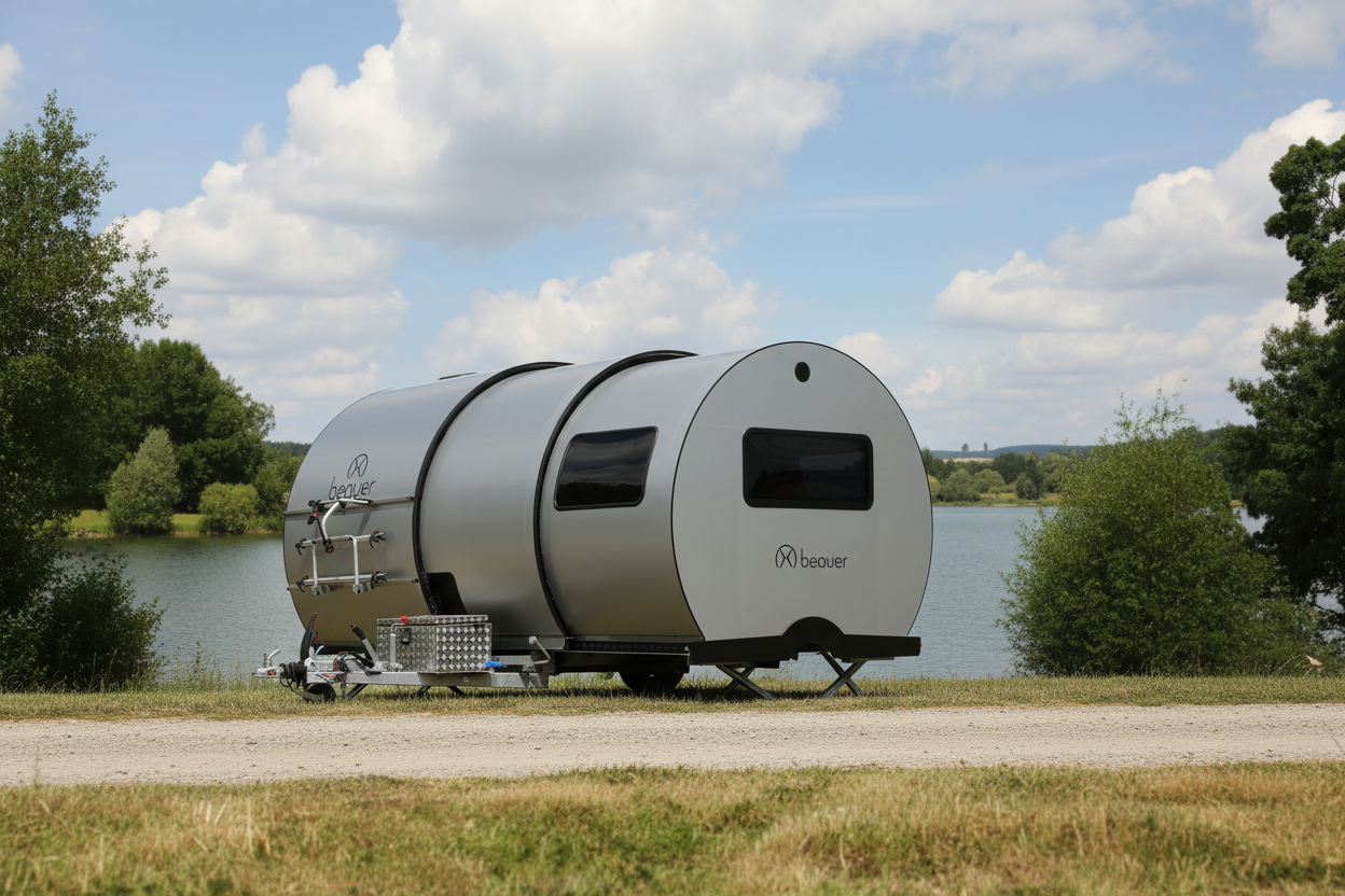 A Beauer extendable trailer parked by a lake