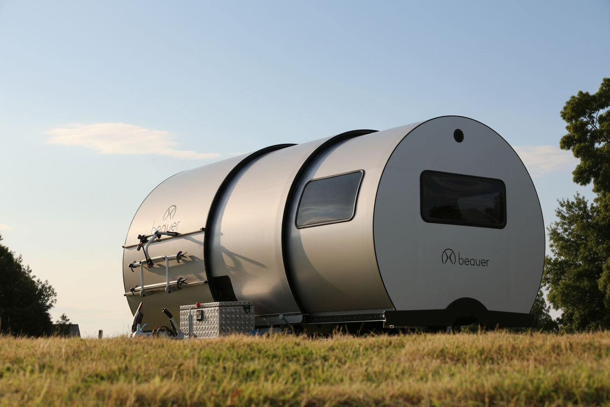 A Beauer extendable caravan set up in a natural area in the French countryside