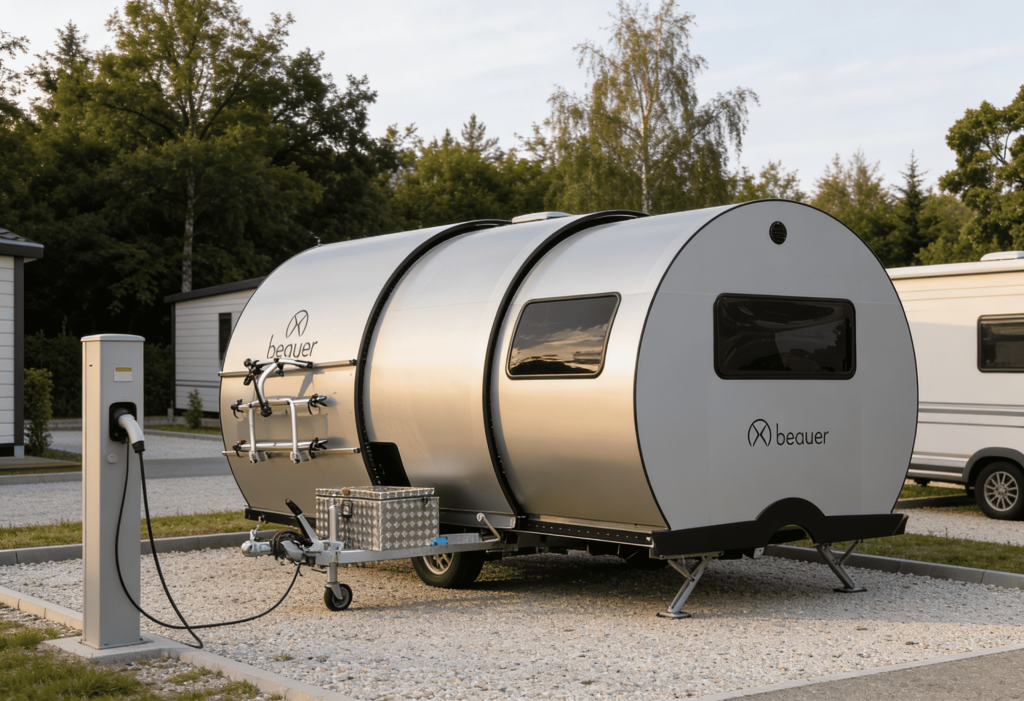 Caravane extensible Beauer sur un emplacement de camping moderne